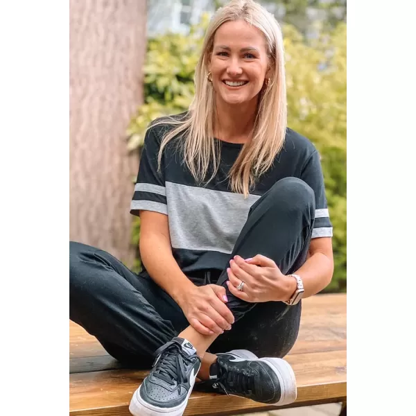 imagePRETTYGARDEN Womens Two Piece Outfit Short Sleeve Pullover with Drawstring Long Pants Tracksuit Jogger SetStriped Black