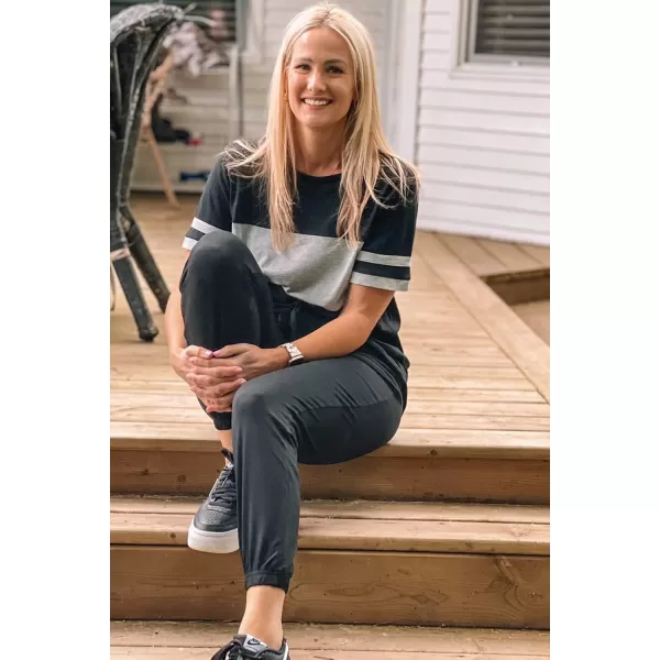 imagePRETTYGARDEN Womens Two Piece Outfit Short Sleeve Pullover with Drawstring Long Pants Tracksuit Jogger SetStriped Black