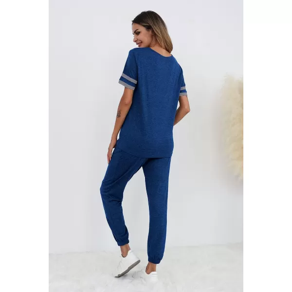 imagePRETTYGARDEN Womens Two Piece Outfit Short Sleeve Pullover with Drawstring Long Pants Tracksuit Jogger SetStriped Bright Blue