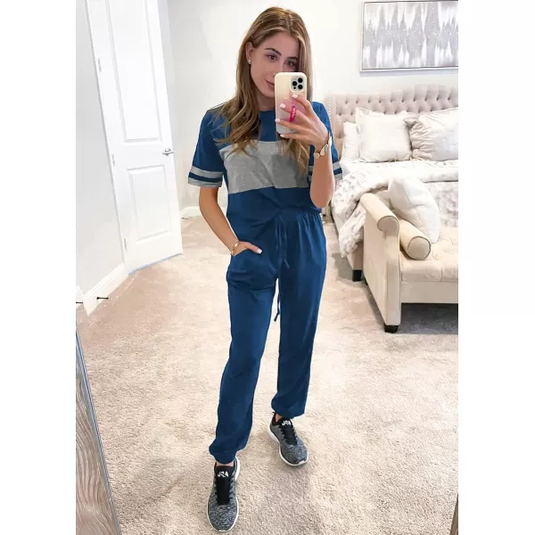 imagePRETTYGARDEN Womens Two Piece Outfit Short Sleeve Pullover with Drawstring Long Pants Tracksuit Jogger SetStriped Bright Blue