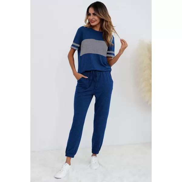 imagePRETTYGARDEN Womens Two Piece Outfit Short Sleeve Pullover with Drawstring Long Pants Tracksuit Jogger SetStriped Bright Blue