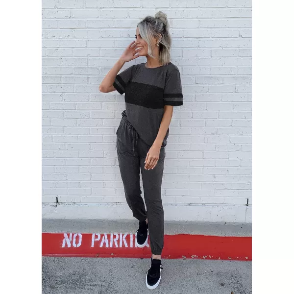 imagePRETTYGARDEN Womens Two Piece Outfit Short Sleeve Pullover with Drawstring Long Pants Tracksuit Jogger SetStriped Dark Grey