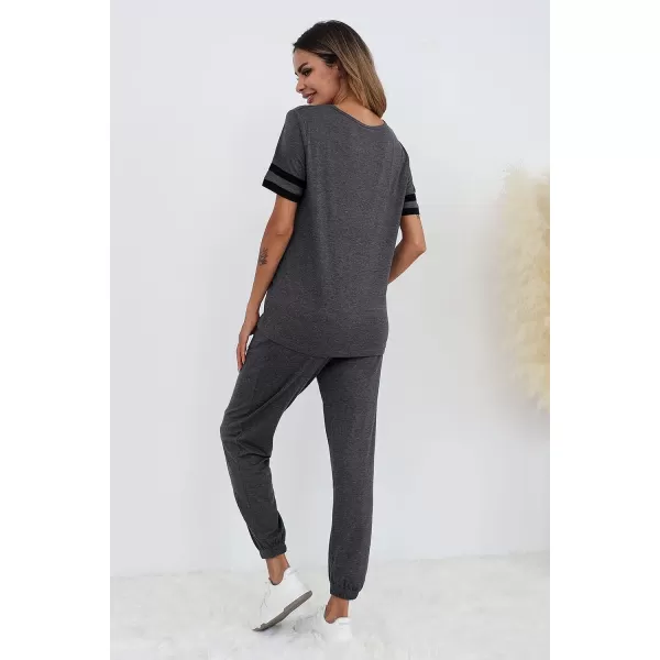 imagePRETTYGARDEN Womens Two Piece Outfit Short Sleeve Pullover with Drawstring Long Pants Tracksuit Jogger SetStriped Dark Grey