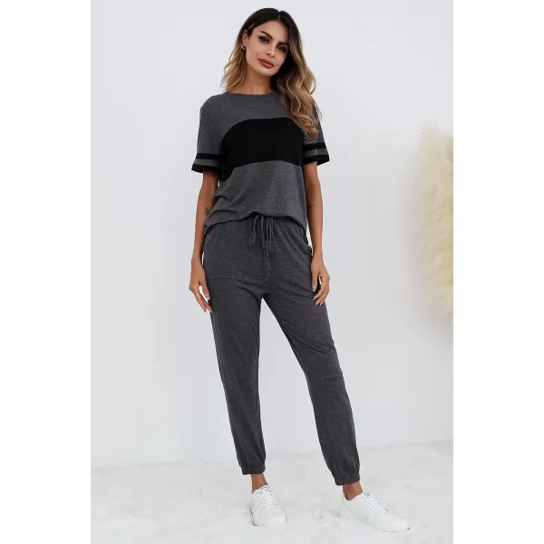 imagePRETTYGARDEN Womens Two Piece Outfit Short Sleeve Pullover with Drawstring Long Pants Tracksuit Jogger SetStriped Dark Grey