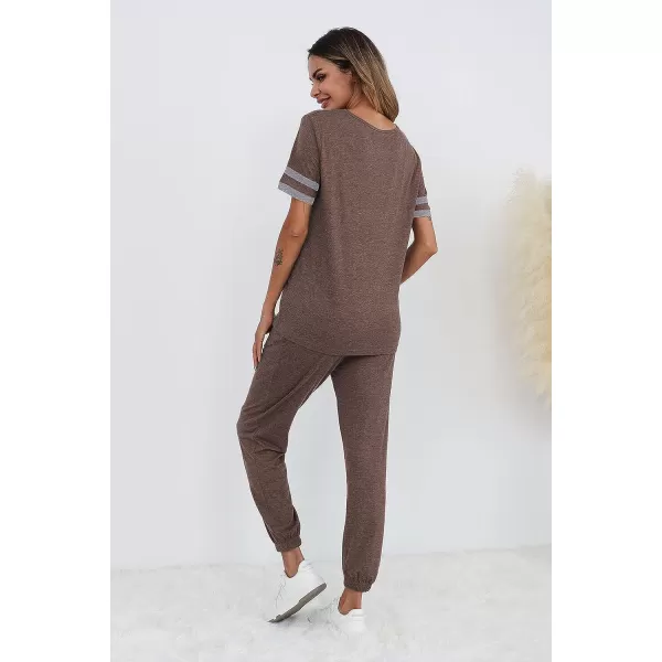 imagePRETTYGARDEN Womens Two Piece Outfit Short Sleeve Pullover with Drawstring Long Pants Tracksuit Jogger SetStriped Dark Khaki