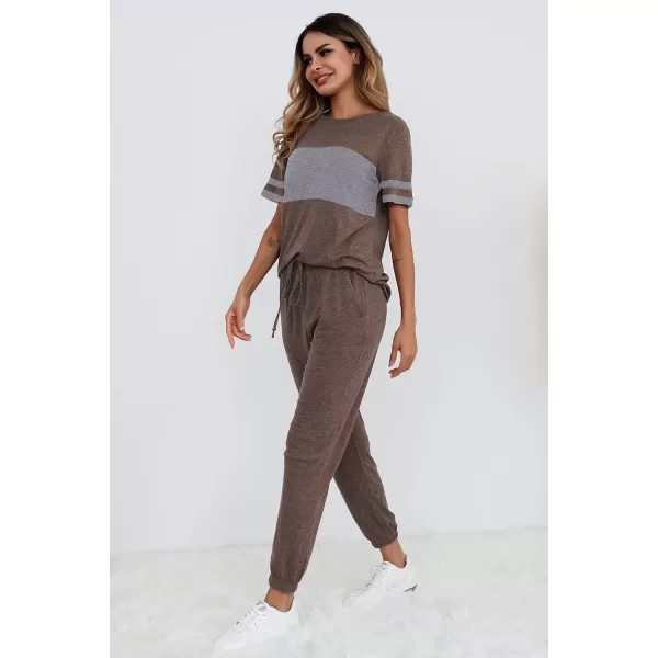 imagePRETTYGARDEN Womens Two Piece Outfit Short Sleeve Pullover with Drawstring Long Pants Tracksuit Jogger SetStriped Dark Khaki