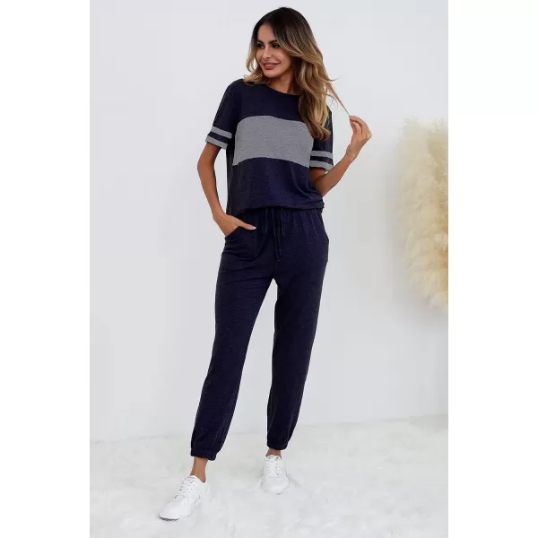 imagePRETTYGARDEN Womens Two Piece Outfit Short Sleeve Pullover with Drawstring Long Pants Tracksuit Jogger SetStriped Navy