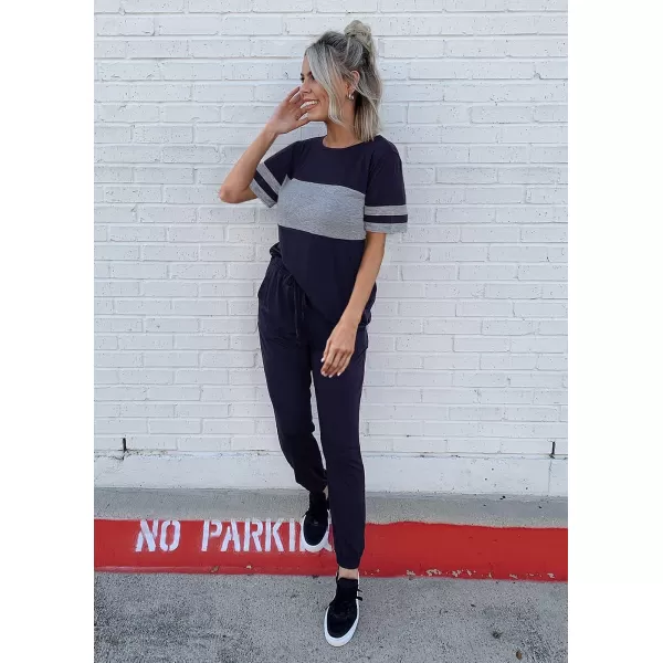 imagePRETTYGARDEN Womens Two Piece Outfit Short Sleeve Pullover with Drawstring Long Pants Tracksuit Jogger SetStriped Navy