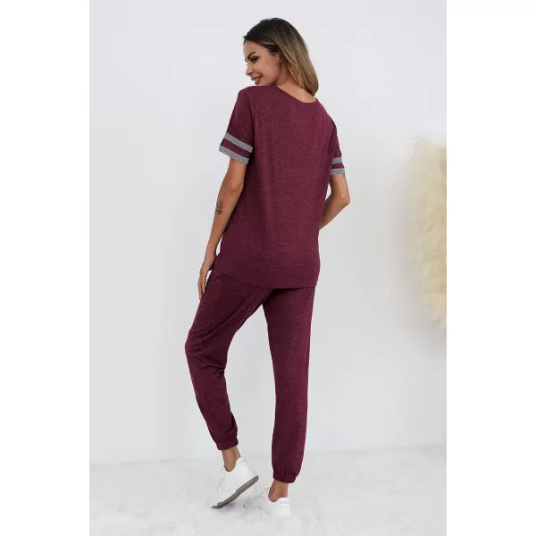 imagePRETTYGARDEN Womens Two Piece Outfit Short Sleeve Pullover with Drawstring Long Pants Tracksuit Jogger SetStriped Wine Red