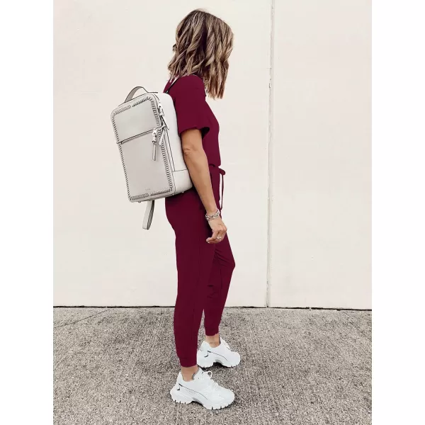 imagePRETTYGARDEN Womens Two Piece Outfit Short Sleeve Pullover with Drawstring Long Pants Tracksuit Jogger SetWine Red