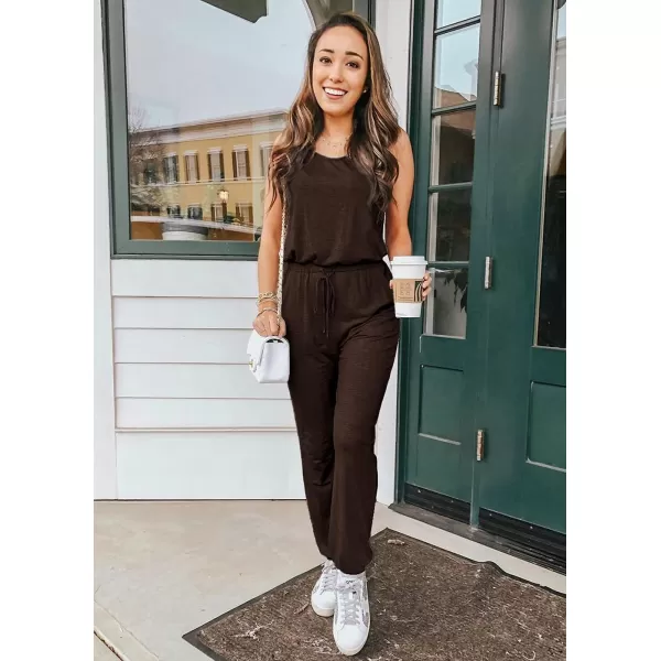 imagePRETTYGARDEN Womens Two Piece Outfit Sleeveless Crewneck Tops with Sweatpants Active Tracksuit Lounge WearBrown