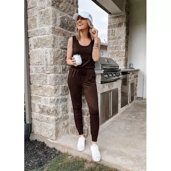 imagePRETTYGARDEN Womens Two Piece Outfit Sleeveless Crewneck Tops with Sweatpants Active Tracksuit Lounge WearBrown
