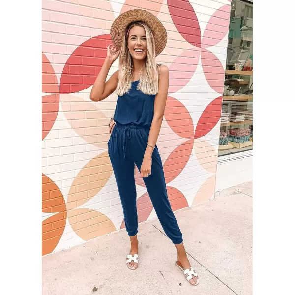 imagePRETTYGARDEN Womens Two Piece Outfit Sleeveless Crewneck Tops with Sweatpants Active Tracksuit Lounge WearDark Blue