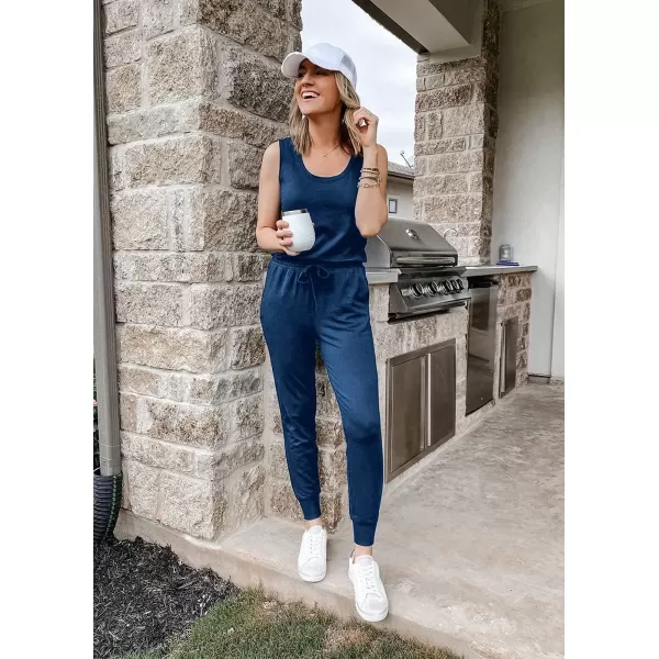 imagePRETTYGARDEN Womens Two Piece Outfit Sleeveless Crewneck Tops with Sweatpants Active Tracksuit Lounge WearDark Blue