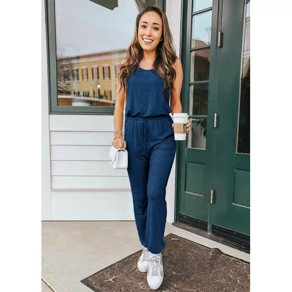 imagePRETTYGARDEN Womens Two Piece Outfit Sleeveless Crewneck Tops with Sweatpants Active Tracksuit Lounge WearDark Blue