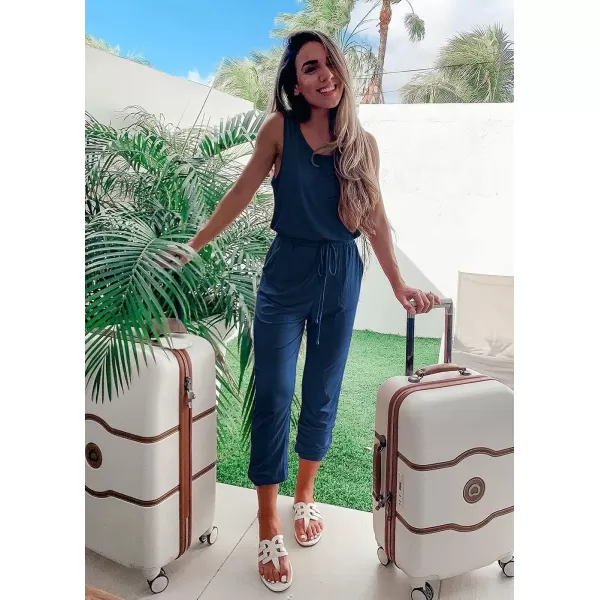 imagePRETTYGARDEN Womens Two Piece Outfit Sleeveless Crewneck Tops with Sweatpants Active Tracksuit Lounge WearDark Blue