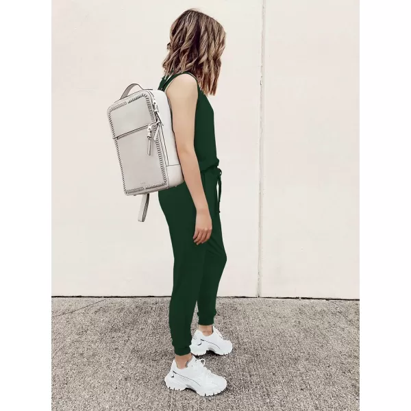 imagePRETTYGARDEN Womens Two Piece Outfit Sleeveless Crewneck Tops with Sweatpants Active Tracksuit Lounge WearDark Green