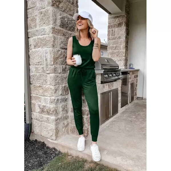 imagePRETTYGARDEN Womens Two Piece Outfit Sleeveless Crewneck Tops with Sweatpants Active Tracksuit Lounge WearDark Green