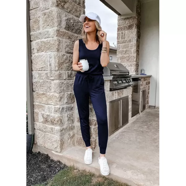 imagePRETTYGARDEN Womens Two Piece Outfit Sleeveless Crewneck Tops with Sweatpants Active Tracksuit Lounge WearNavy