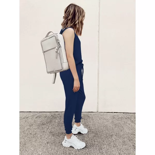 imagePRETTYGARDEN Womens Two Piece Outfit Sleeveless Crewneck Tops with Sweatpants Active Tracksuit Lounge WearNavy