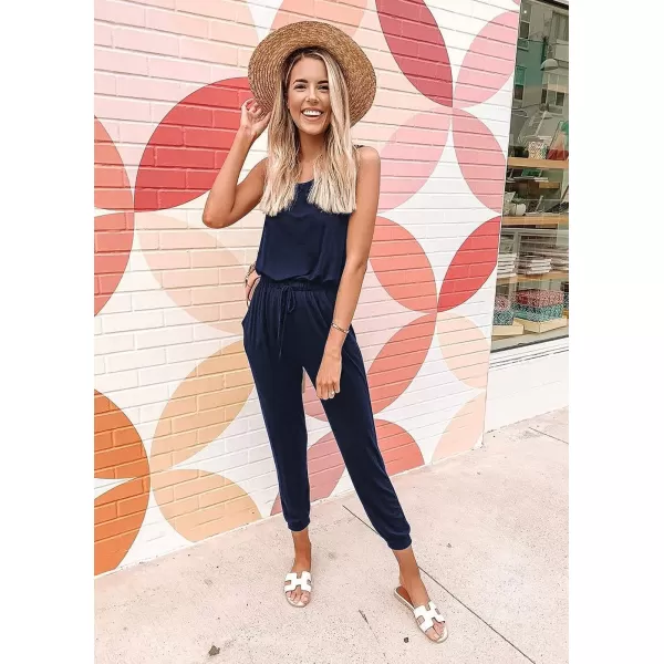 imagePRETTYGARDEN Womens Two Piece Outfit Sleeveless Crewneck Tops with Sweatpants Active Tracksuit Lounge WearNavy