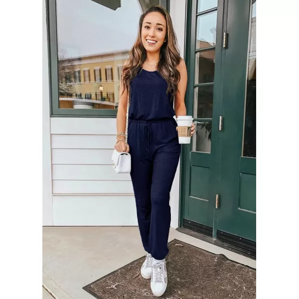 imagePRETTYGARDEN Womens Two Piece Outfit Sleeveless Crewneck Tops with Sweatpants Active Tracksuit Lounge WearNavy