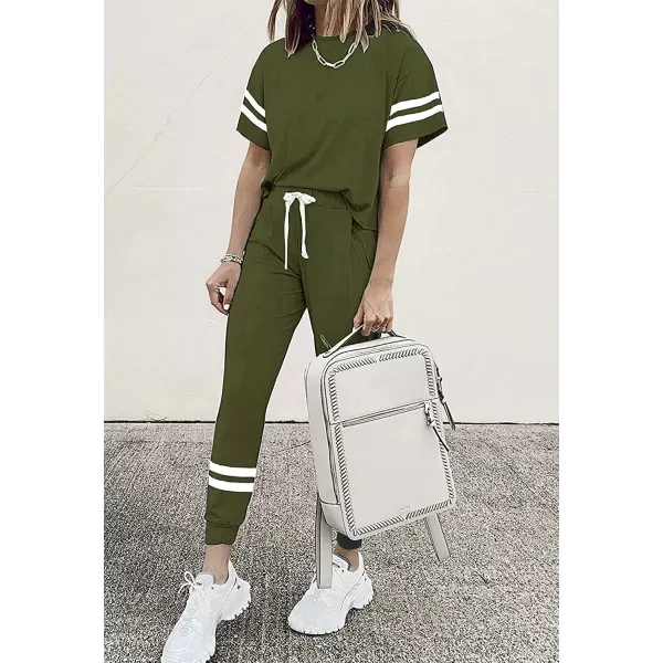 imagePRETTYGARDEN Womens Two Piece Outfits Striped Short Sleeve Pullover and Long Pants Tracksuit Pajama Lounge Jogger SetsArmy Green