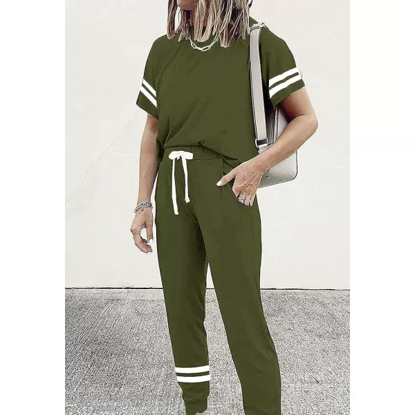 imagePRETTYGARDEN Womens Two Piece Outfits Striped Short Sleeve Pullover and Long Pants Tracksuit Pajama Lounge Jogger SetsArmy Green