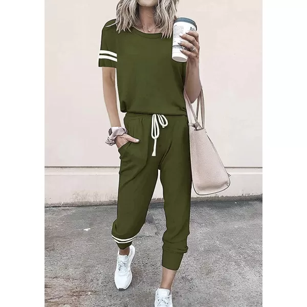imagePRETTYGARDEN Womens Two Piece Outfits Striped Short Sleeve Pullover and Long Pants Tracksuit Pajama Lounge Jogger SetsArmy Green