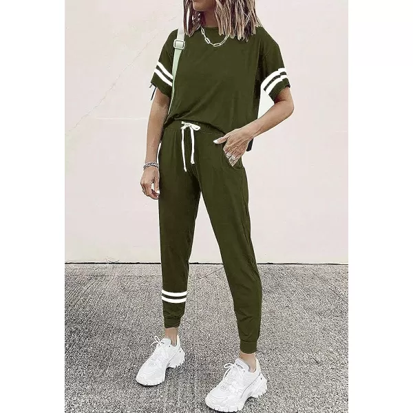 imagePRETTYGARDEN Womens Two Piece Outfits Striped Short Sleeve Pullover and Long Pants Tracksuit Pajama Lounge Jogger SetsArmy Green