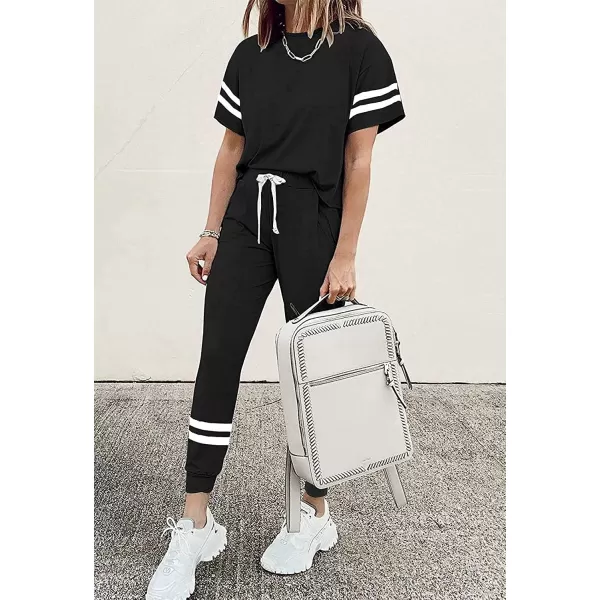 imagePRETTYGARDEN Womens Two Piece Outfits Striped Short Sleeve Pullover and Long Pants Tracksuit Pajama Lounge Jogger SetsBlack