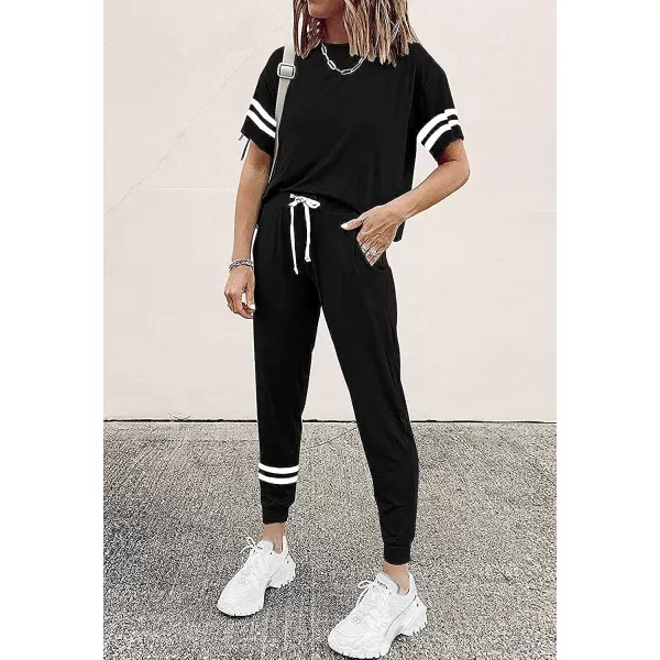 imagePRETTYGARDEN Womens Two Piece Outfits Striped Short Sleeve Pullover and Long Pants Tracksuit Pajama Lounge Jogger SetsBlack