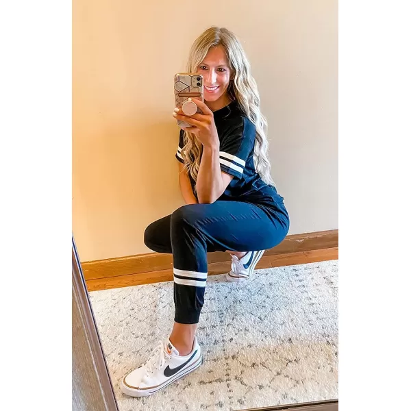 imagePRETTYGARDEN Womens Two Piece Outfits Striped Short Sleeve Pullover and Long Pants Tracksuit Pajama Lounge Jogger SetsBlack