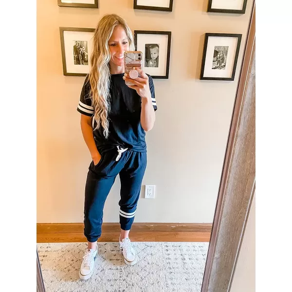 imagePRETTYGARDEN Womens Two Piece Outfits Striped Short Sleeve Pullover and Long Pants Tracksuit Pajama Lounge Jogger SetsBlack