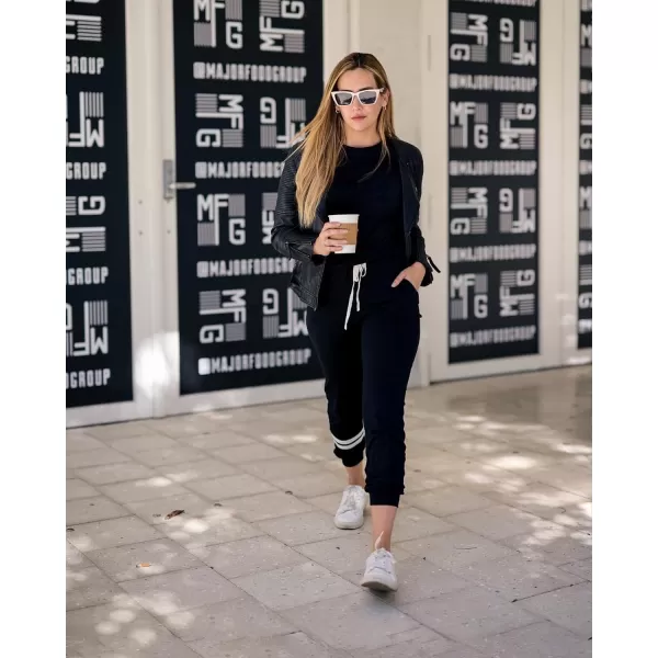 imagePRETTYGARDEN Womens Two Piece Outfits Striped Short Sleeve Pullover and Long Pants Tracksuit Pajama Lounge Jogger SetsBlack