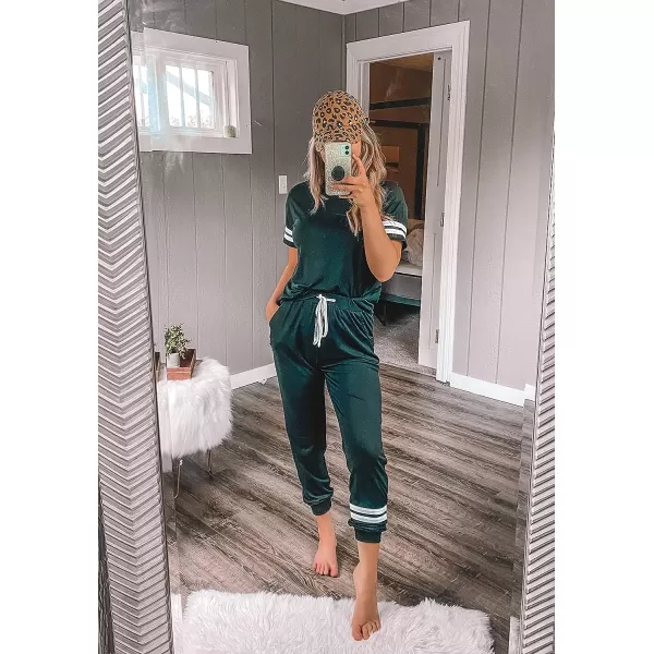 imagePRETTYGARDEN Womens Two Piece Outfits Striped Short Sleeve Pullover and Long Pants Tracksuit Pajama Lounge Jogger SetsDark Green