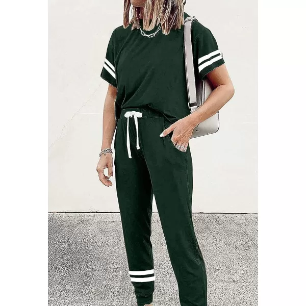 imagePRETTYGARDEN Womens Two Piece Outfits Striped Short Sleeve Pullover and Long Pants Tracksuit Pajama Lounge Jogger SetsDark Green