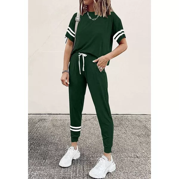 imagePRETTYGARDEN Womens Two Piece Outfits Striped Short Sleeve Pullover and Long Pants Tracksuit Pajama Lounge Jogger SetsDark Green