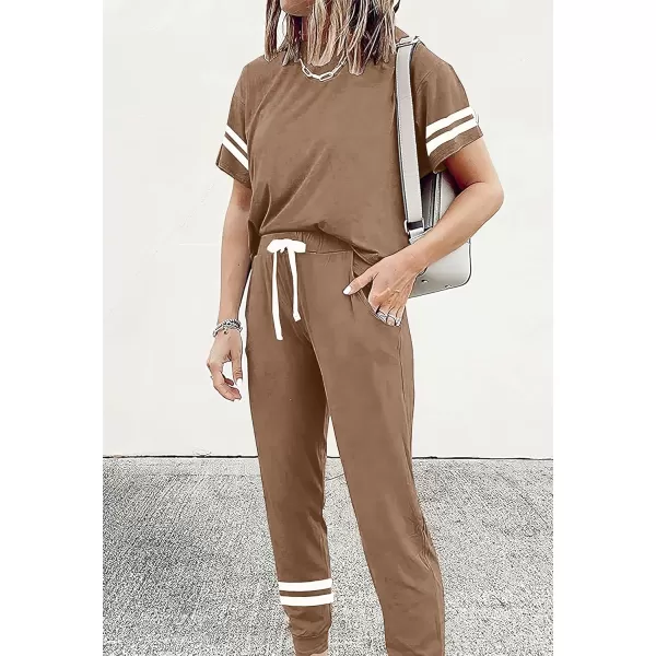 imagePRETTYGARDEN Womens Two Piece Outfits Striped Short Sleeve Pullover and Long Pants Tracksuit Pajama Lounge Jogger SetsKhaki