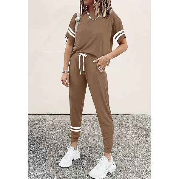 imagePRETTYGARDEN Womens Two Piece Outfits Striped Short Sleeve Pullover and Long Pants Tracksuit Pajama Lounge Jogger SetsKhaki