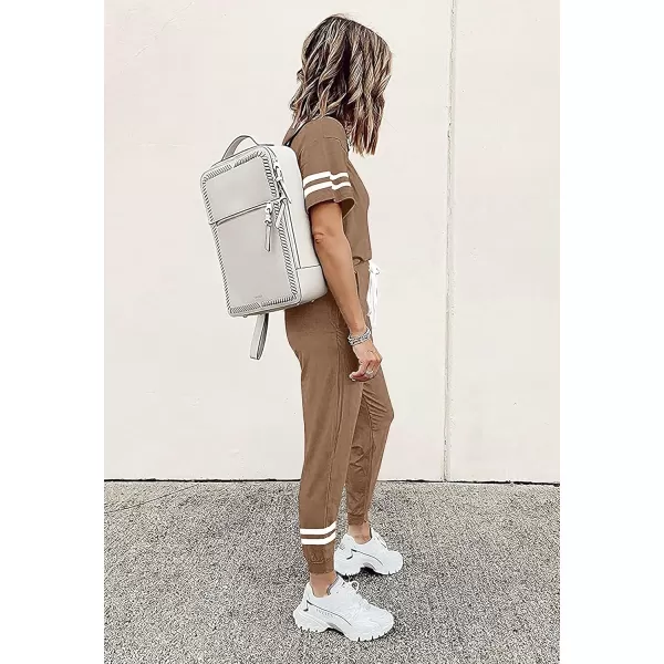 imagePRETTYGARDEN Womens Two Piece Outfits Striped Short Sleeve Pullover and Long Pants Tracksuit Pajama Lounge Jogger SetsKhaki