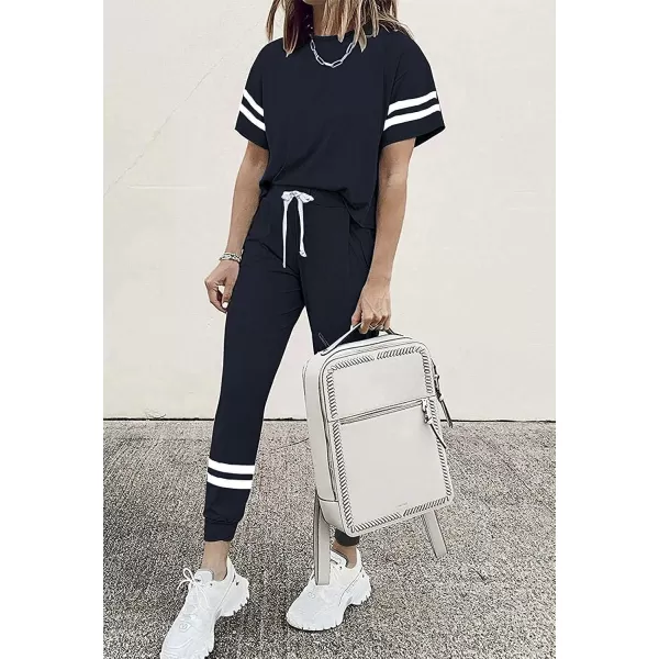 imagePRETTYGARDEN Womens Two Piece Outfits Striped Short Sleeve Pullover and Long Pants Tracksuit Pajama Lounge Jogger SetsNavy