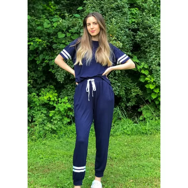 imagePRETTYGARDEN Womens Two Piece Outfits Striped Short Sleeve Pullover and Long Pants Tracksuit Pajama Lounge Jogger SetsNavy