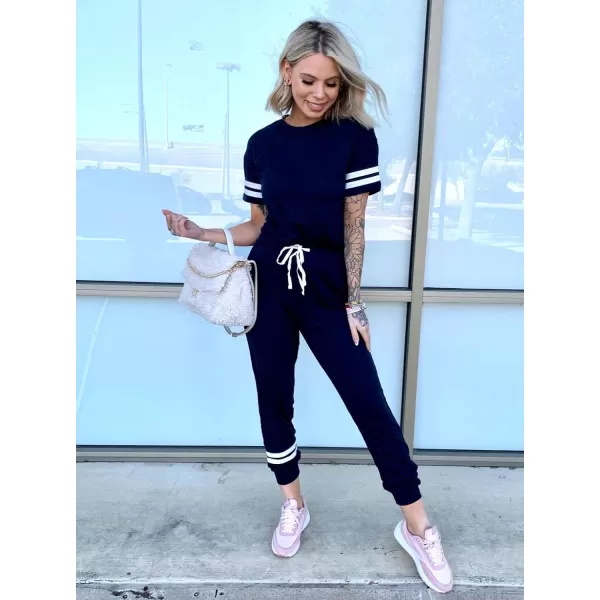 imagePRETTYGARDEN Womens Two Piece Outfits Striped Short Sleeve Pullover and Long Pants Tracksuit Pajama Lounge Jogger SetsNavy