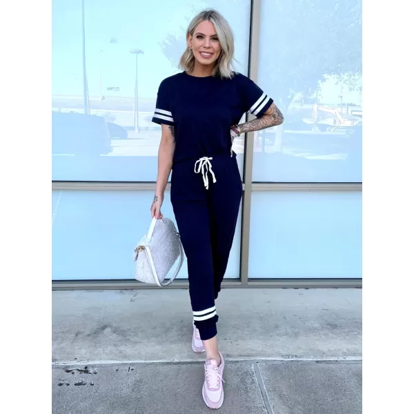 imagePRETTYGARDEN Womens Two Piece Outfits Striped Short Sleeve Pullover and Long Pants Tracksuit Pajama Lounge Jogger SetsNavy