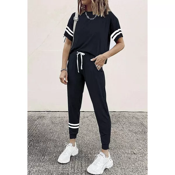 imagePRETTYGARDEN Womens Two Piece Outfits Striped Short Sleeve Pullover and Long Pants Tracksuit Pajama Lounge Jogger SetsNavy