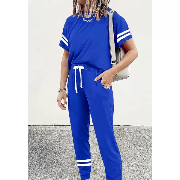 imagePRETTYGARDEN Womens Two Piece Outfits Striped Short Sleeve Pullover and Long Pants Tracksuit Pajama Lounge Jogger SetsRoyal Blue