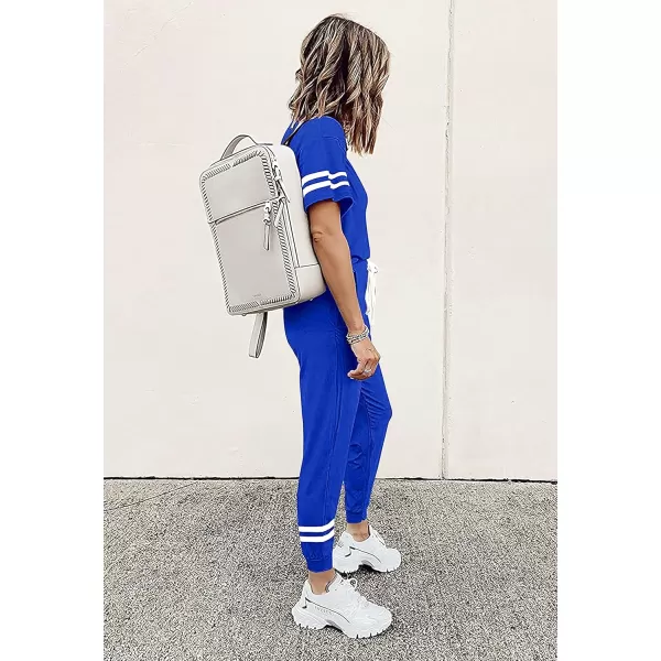 imagePRETTYGARDEN Womens Two Piece Outfits Striped Short Sleeve Pullover and Long Pants Tracksuit Pajama Lounge Jogger SetsRoyal Blue