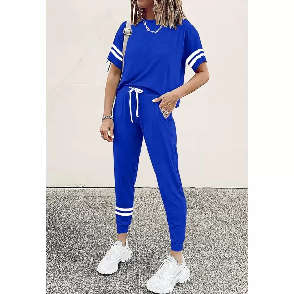 imagePRETTYGARDEN Womens Two Piece Outfits Striped Short Sleeve Pullover and Long Pants Tracksuit Pajama Lounge Jogger SetsRoyal Blue