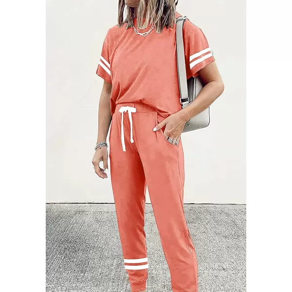 imagePRETTYGARDEN Womens Two Piece Outfits Striped Short Sleeve Pullover and Long Pants Tracksuit Pajama Lounge Jogger SetsShrimp Pink